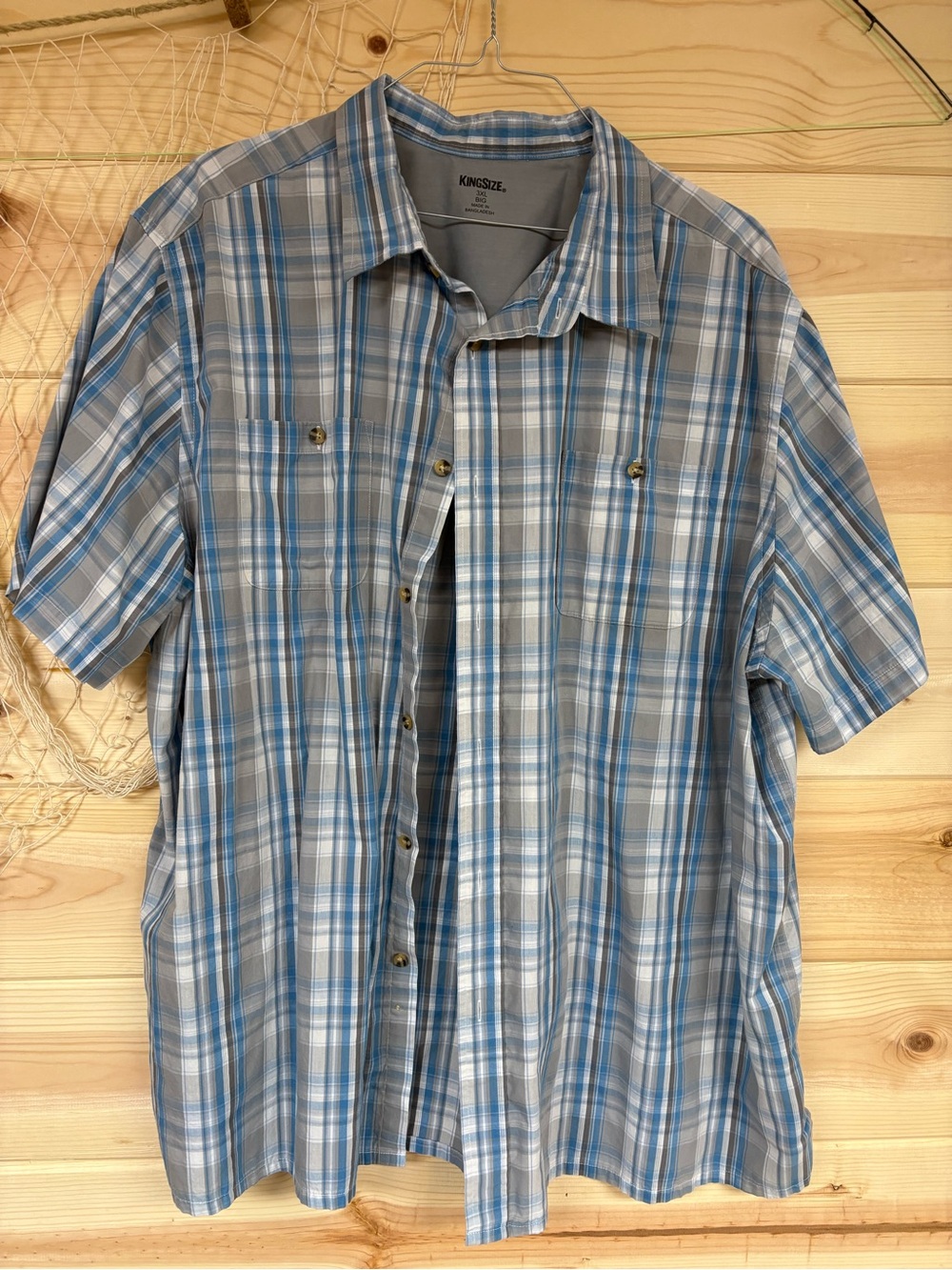 Kingsize Men's Blue & Gray Plaid Short-Sleeve Button-Down Shirt